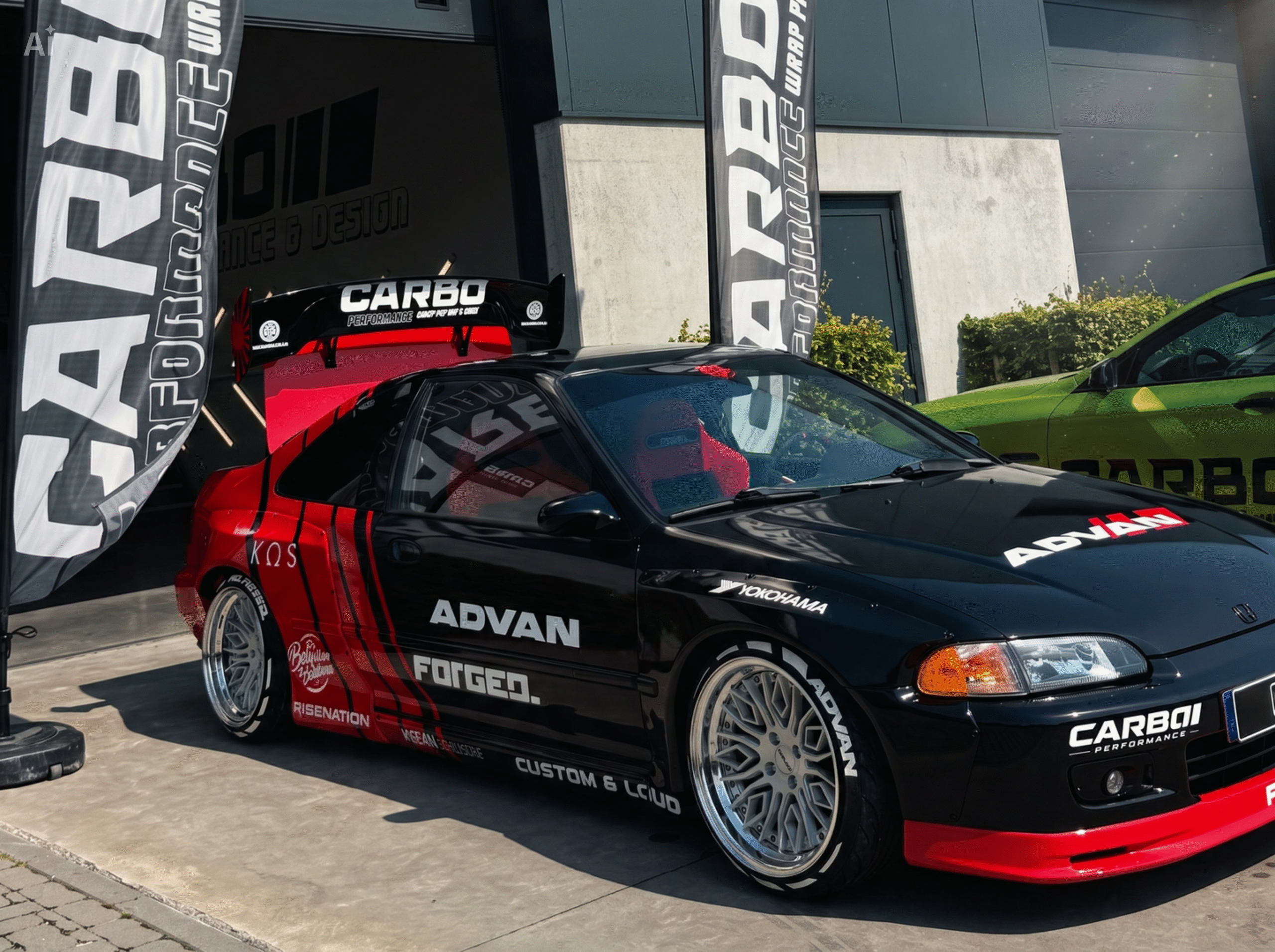 Vijfde generatie Honda Civic Coupé in zwarte en rode Advan racing wrap met custom belettering en getinte ramen bij de studio